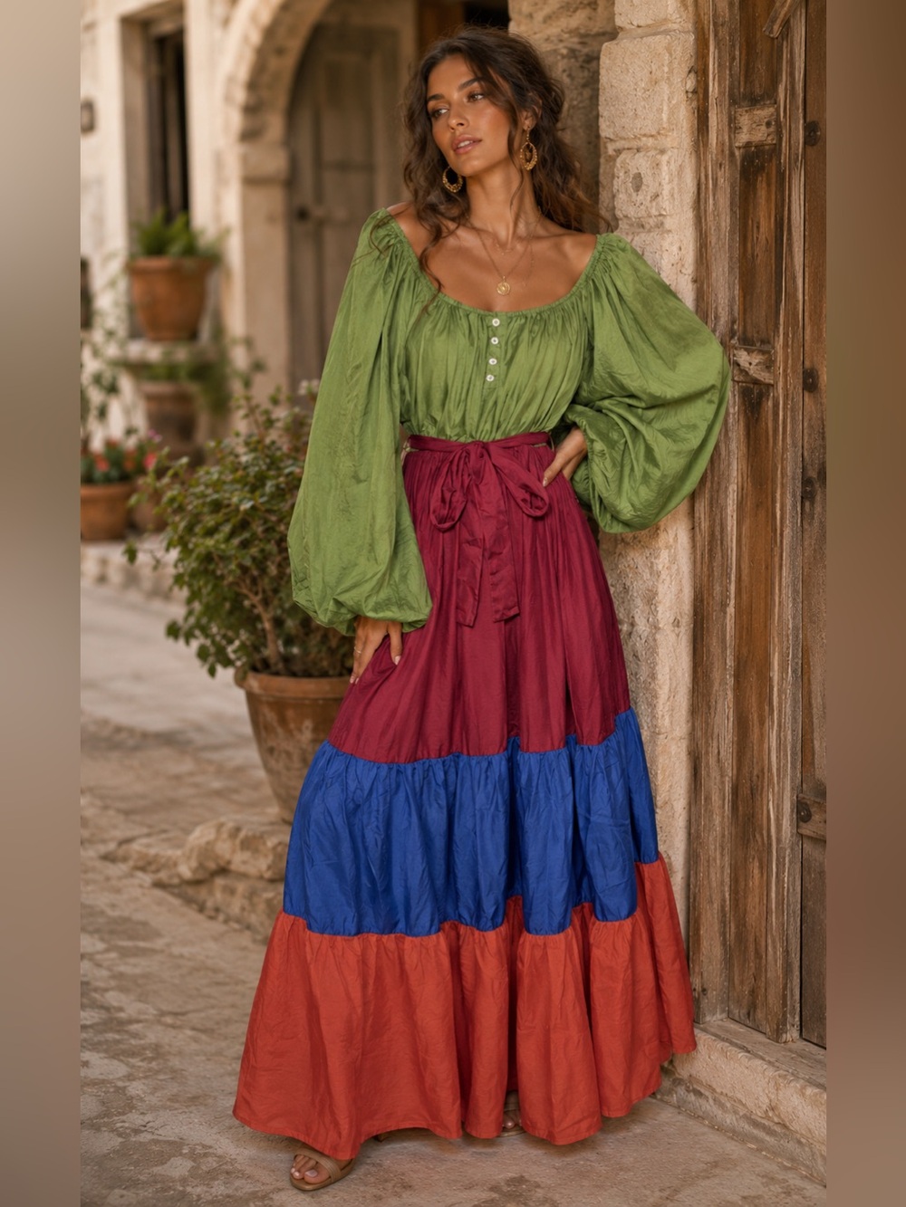 Nuuts Boho Renaissance Colorblock Peasant Maxi Dress, Long Sleeves, Medium